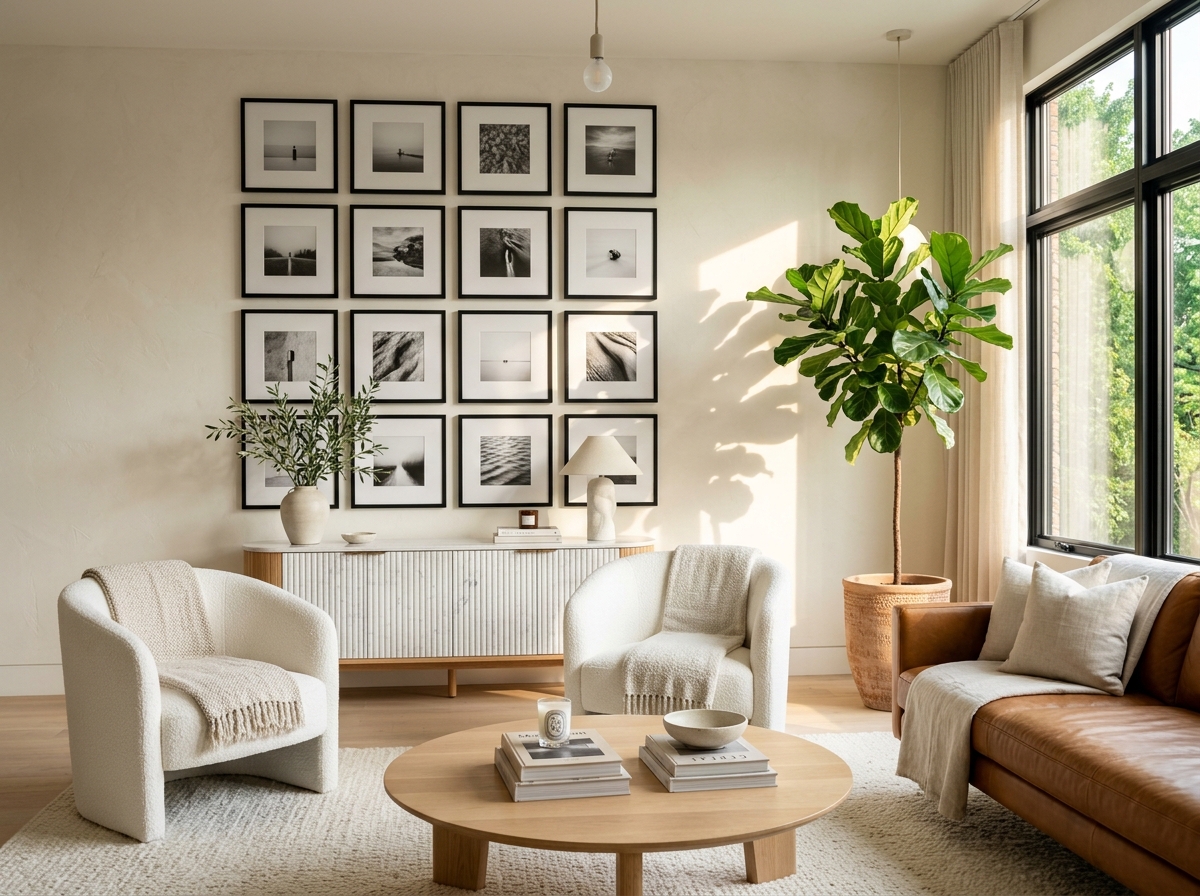 Bright, sunlit, clean modern luxury living room